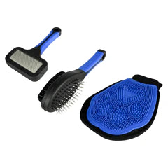 Set de Aseo para Mascotas 3 Piezas — Cepillo, Desenredante y Guante